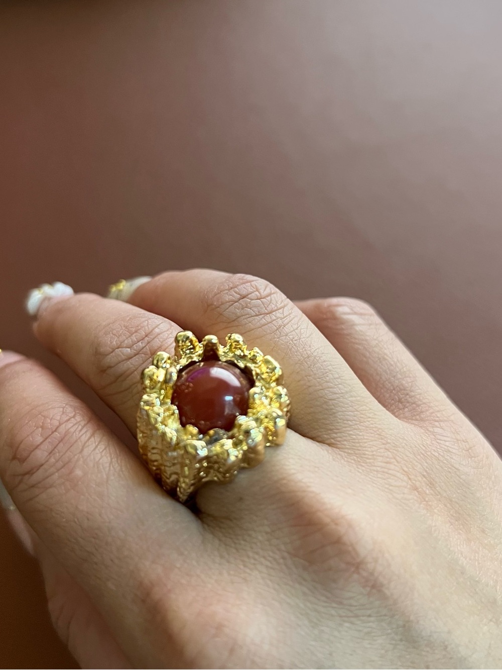 Gold Sculpted Ring with Red Cabochon Center